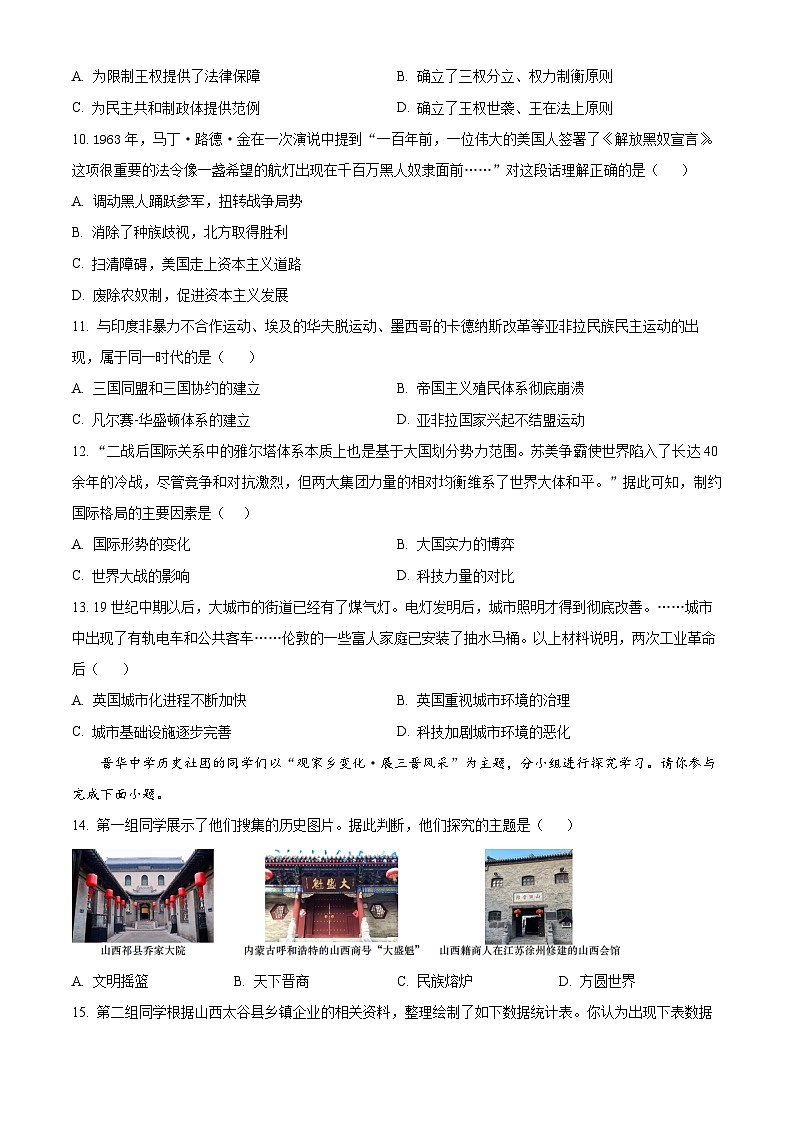 2024年山西省太原市第三十七中学校中考三模历史试题（原卷版）第3页