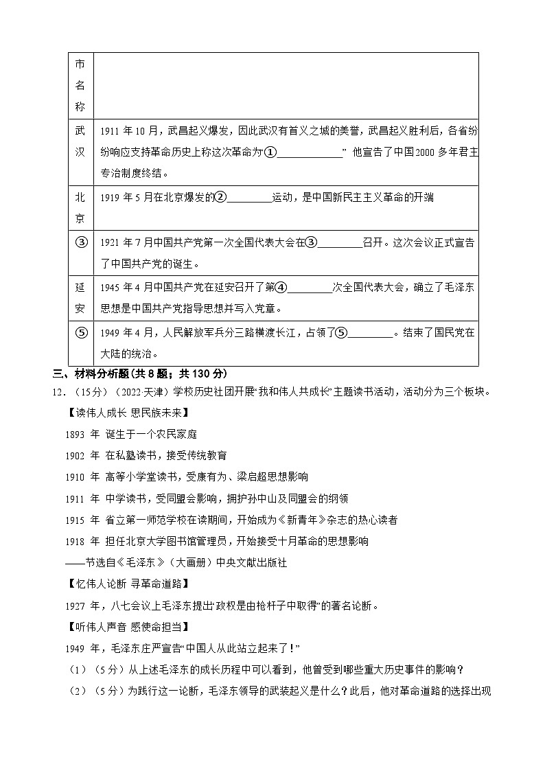 （20-22）三年中考历史真题汇编 13.新民主主义革命的开始 试卷（含解析）03