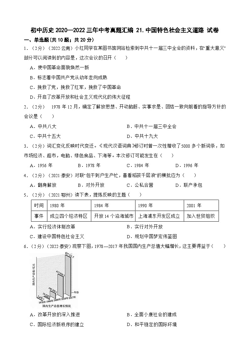 （20-22）三年中考历史真题汇编 21.中国特色社会主义道路 试卷（含解析）第1页