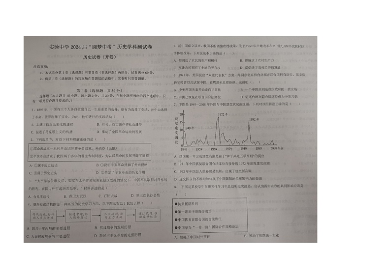 天津市静海区实验中学2023-2024学年九年级下学期4月月考历史试题（图片版无答案）第1页