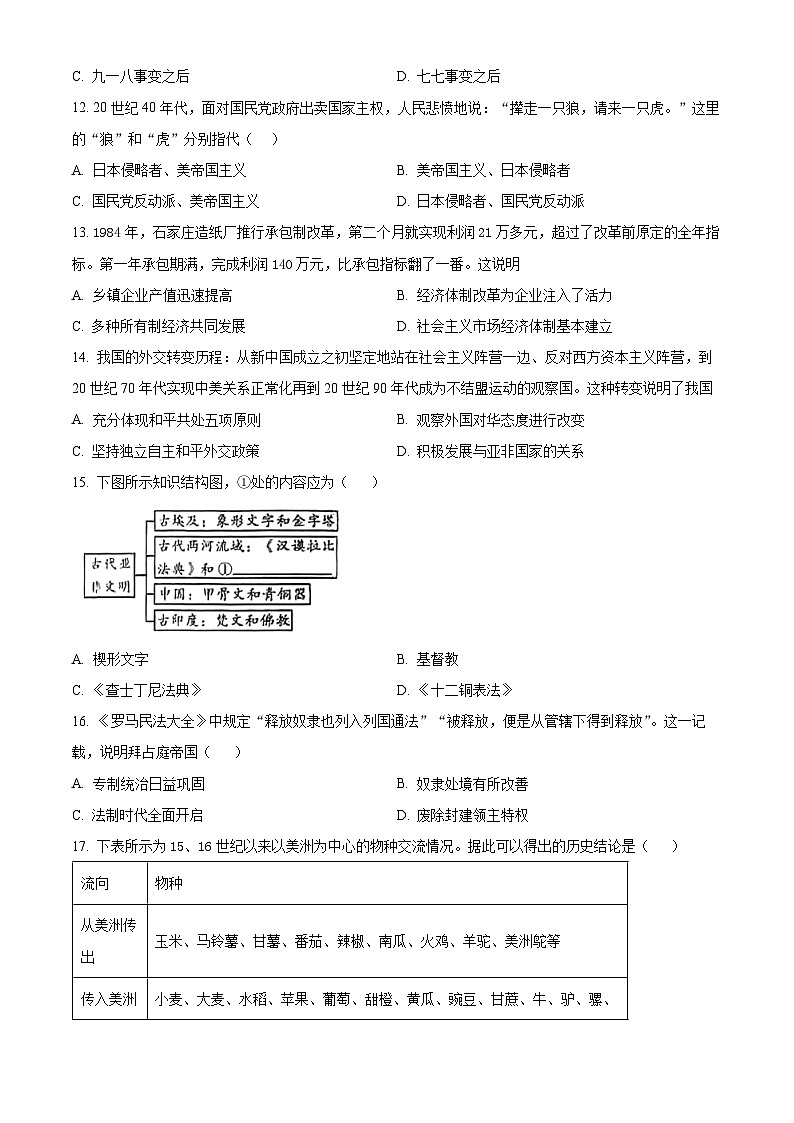 2024年江西省临川第一中学中考一模历史试题（原卷版）第3页