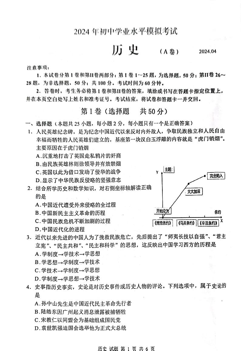2024年山东省枣庄市山亭区中考一模历史试题01