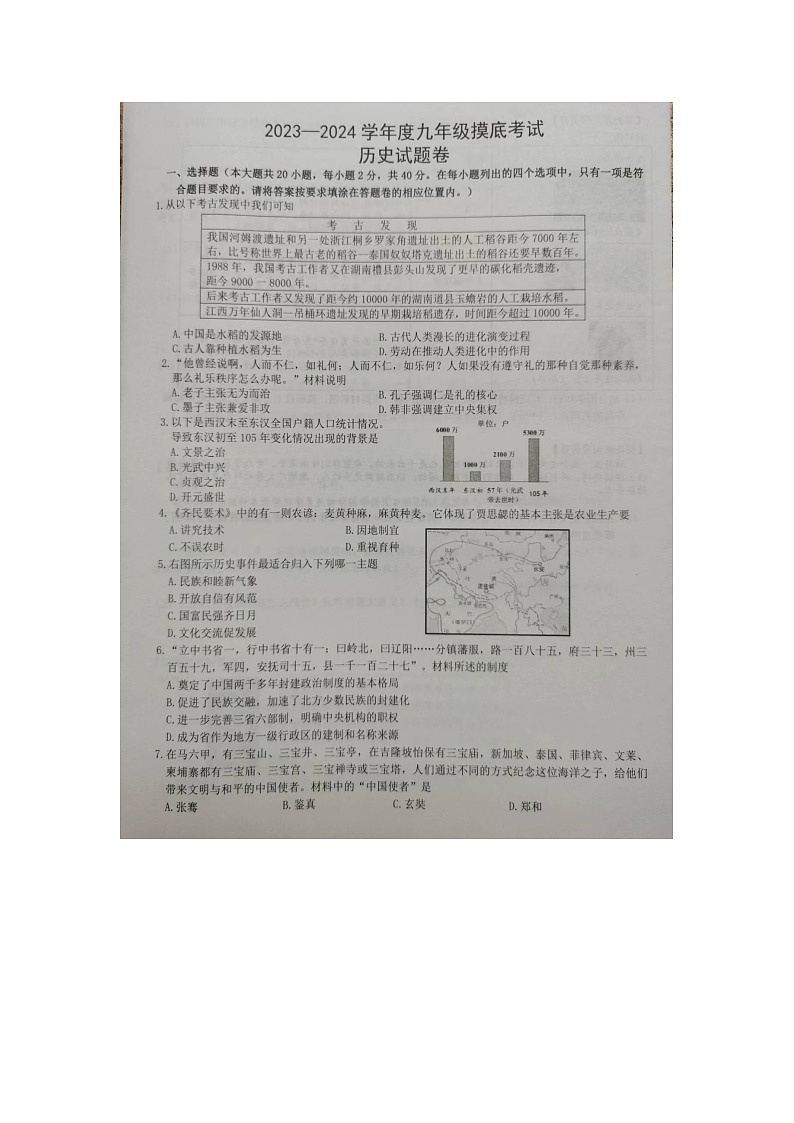2024年江西省赣州市信丰县中考一模历史试题01