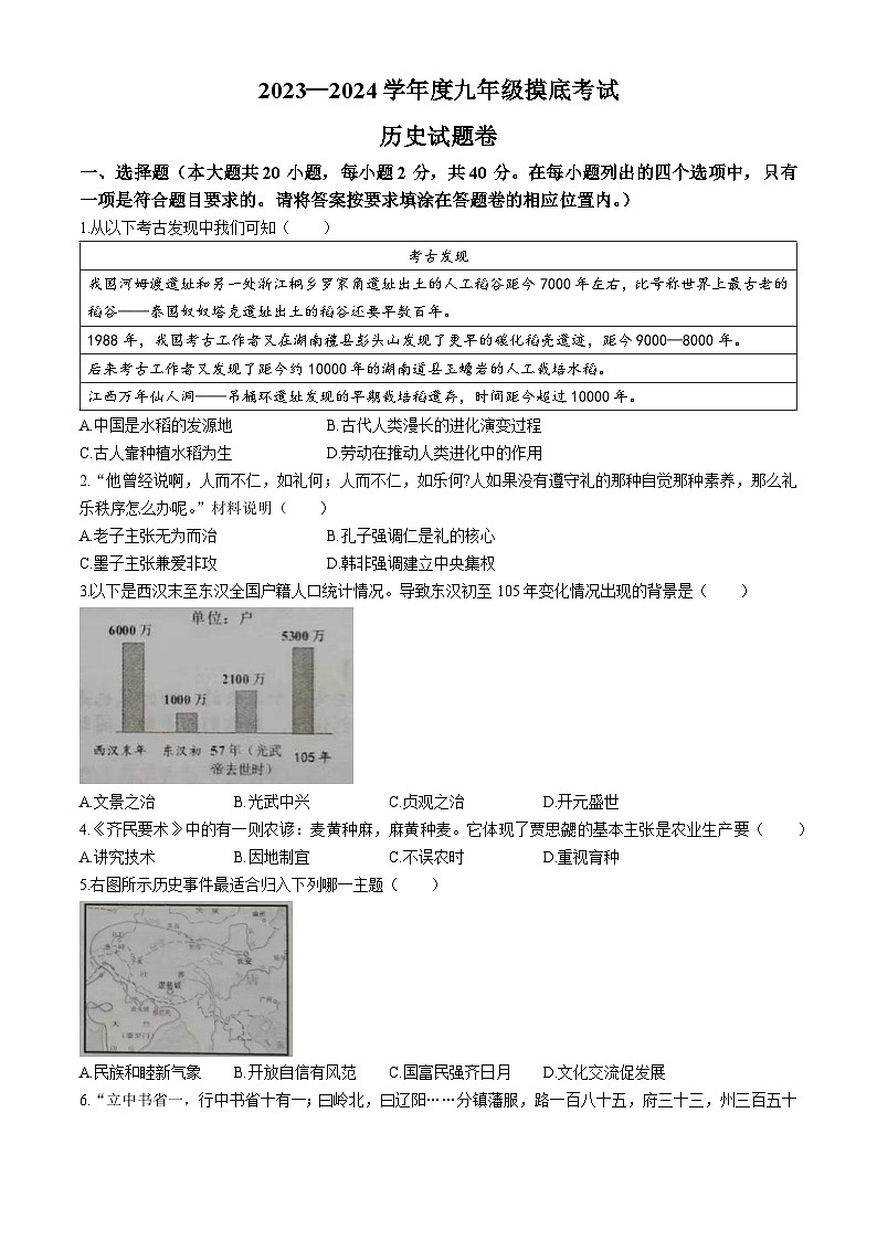 2024年江西省赣州市信丰县中考一模历史试题01