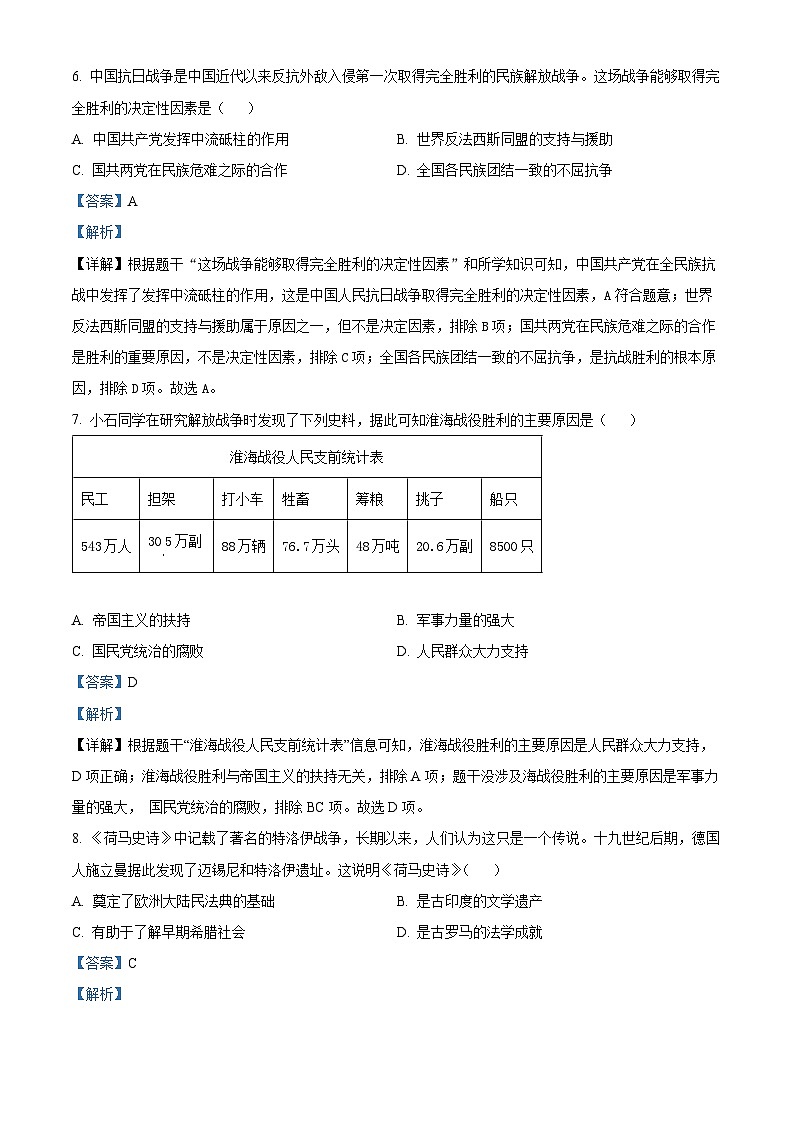 2024年贵州省贵阳市第六中学中考一模历史试题（原卷版+解析版）03