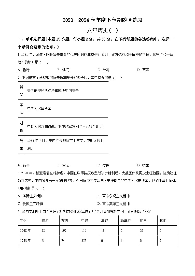 辽宁省铁岭市开原市2023-2024学年八年级下学期4月月考历史试题（原卷版+解析版）01