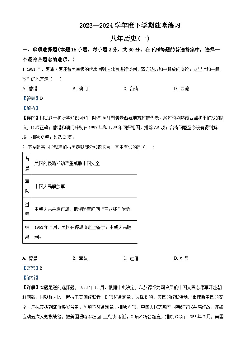 辽宁省铁岭市开原市2023-2024学年八年级下学期4月月考历史试题（原卷版+解析版）01
