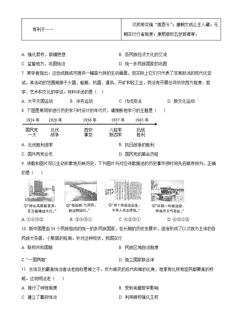 2024年湖南省益阳市初中学业水平考试复习检测（一）历史试题（原卷版+解析版）02