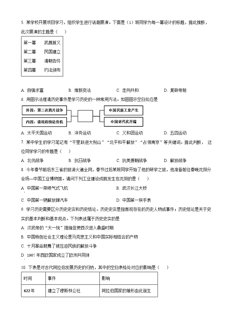 2024年辽宁省葫芦岛市龙港区龙港区中考一模历史试题（原卷版+解析版）02