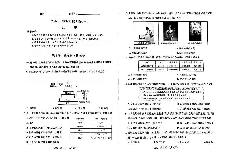 2024年山西省部分地市九年级中考一模考试历史试题第1页