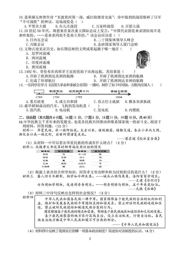 2024年黑龙江省哈尔滨市初中学业水平适应性测试历史试题02