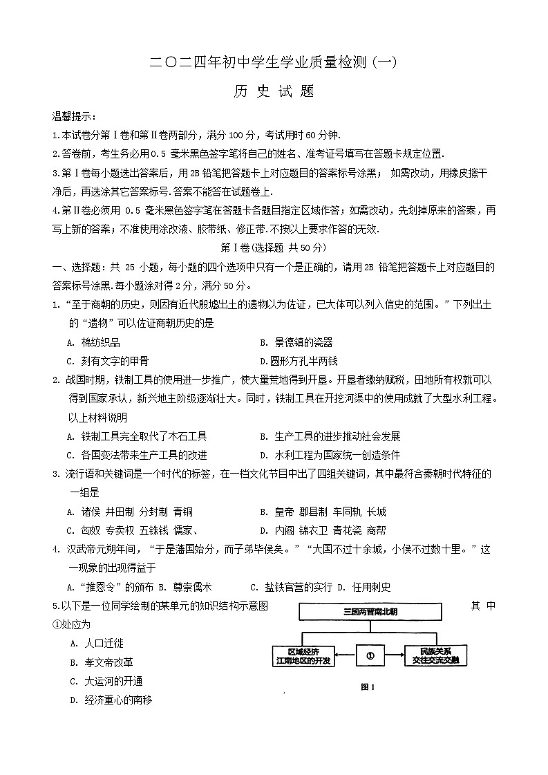2024年山东省滨州市经济技术开发区中考一模历史试题第1页