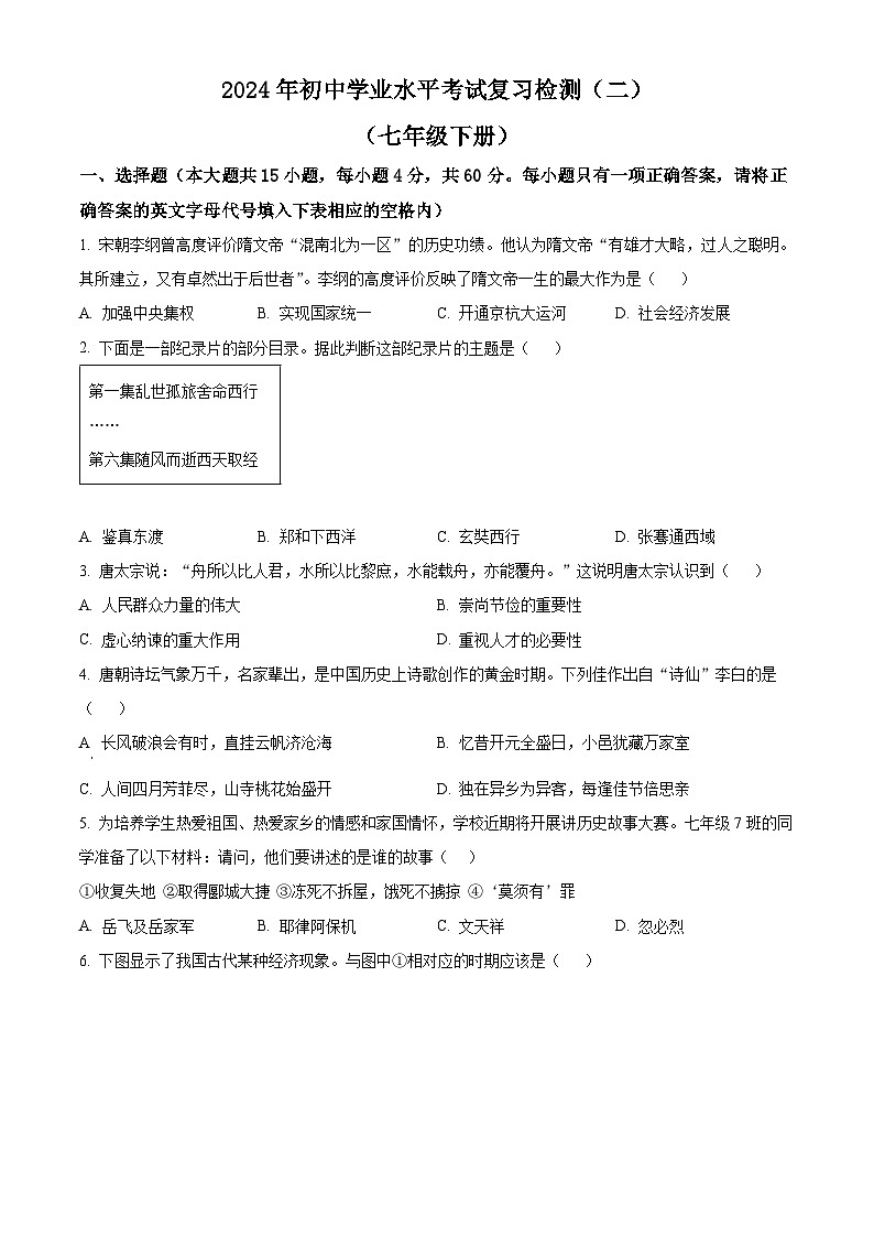 2024年湖南省益阳市初中学业水平考试复习检测（二）历史试题（原卷版+解析版）01