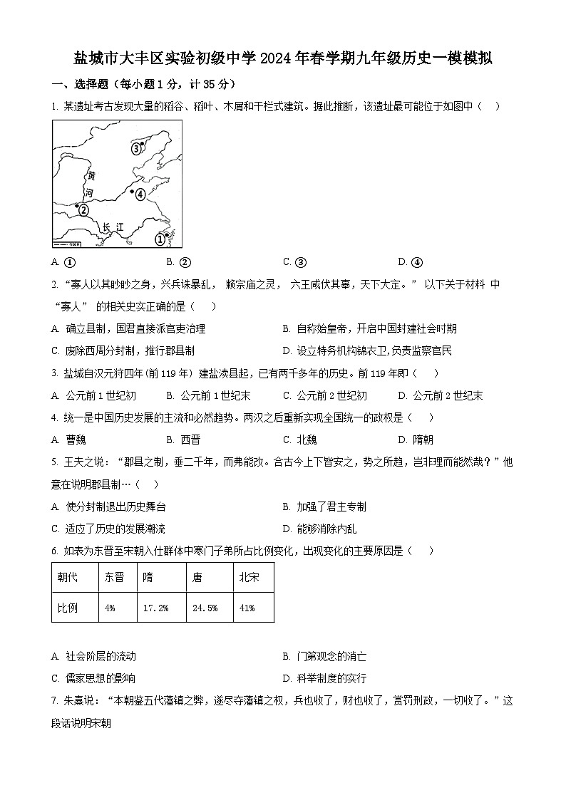 2024年江苏省盐城市大丰区实验初级中学中考一模历史试题（原卷版+解析版）01
