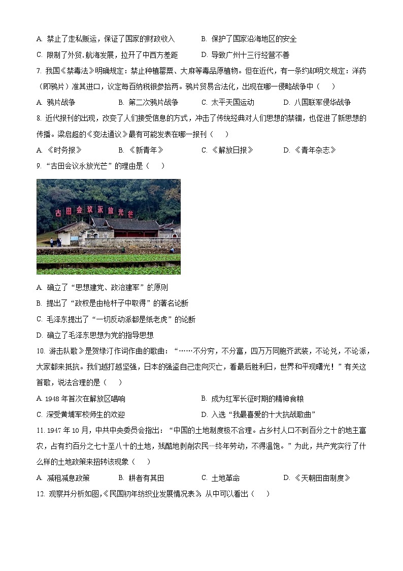 2024年云南省初中学业水平模拟考试(二)历史试题（原卷版+解析版）02