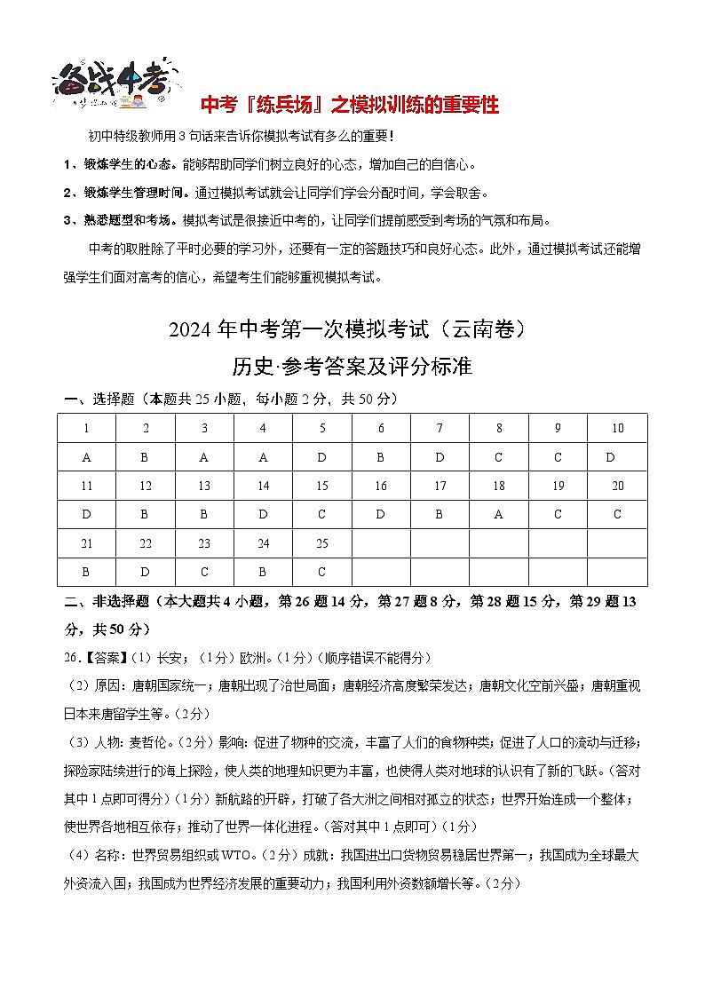 历史（云南卷）（参考答案及评分标准）第1页
