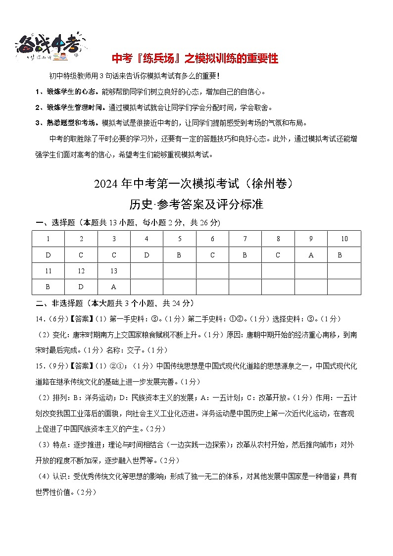 中考历史（江苏徐州卷）- 2024年中考第一次模拟考试01