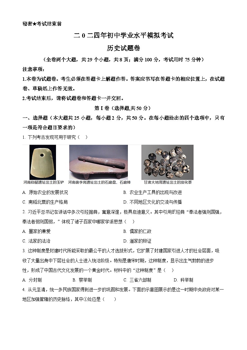 2024年云南省初中学业水平模拟考试(三)历史试题（原卷版+解析版）01