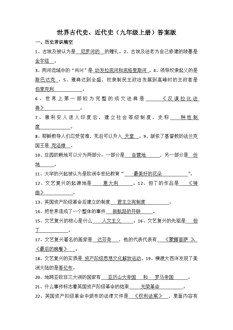 中考历史一轮复习常考知识点世界古代史、近代史（九年级上册）（答案版）第1页
