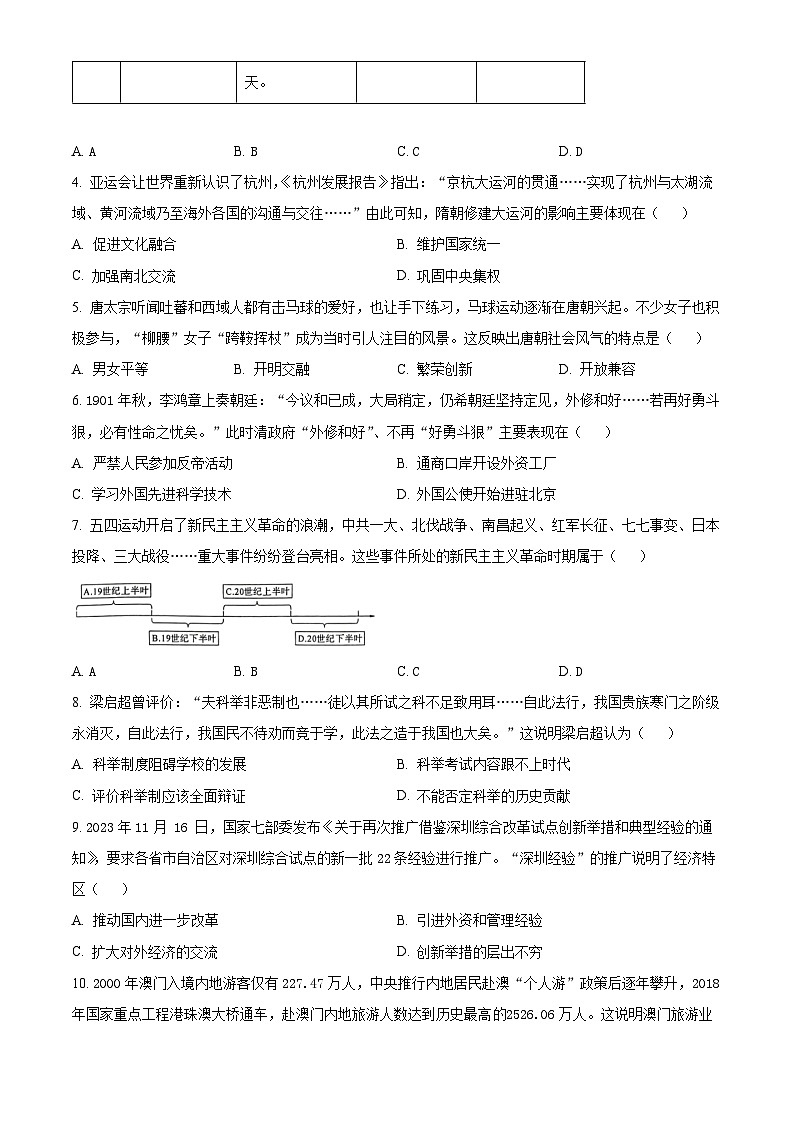 2024年安徽省中考模拟（五）历史试题（原卷版）第2页
