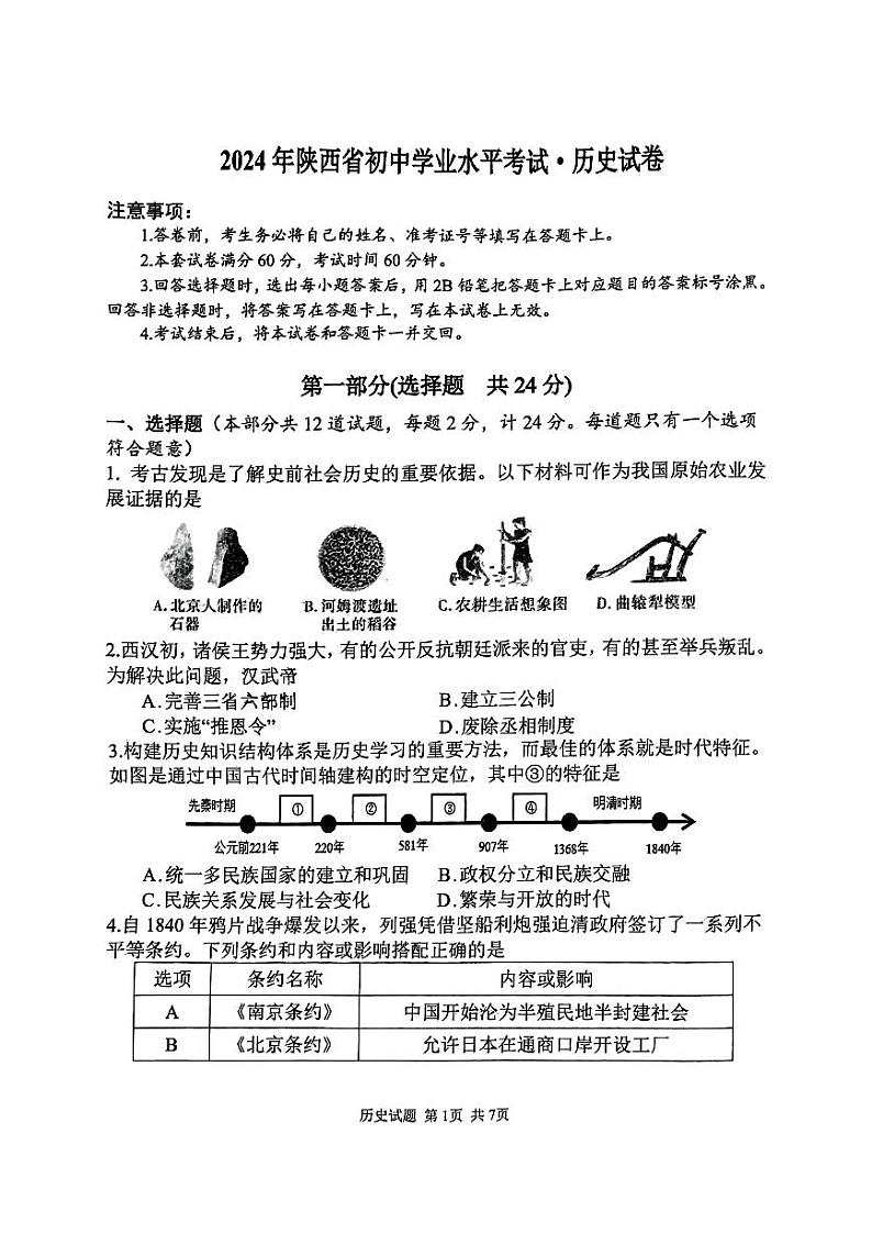 2024年陕西省宝鸡市渭滨区、金台区初级中学九年级联考二模历史试题第1页