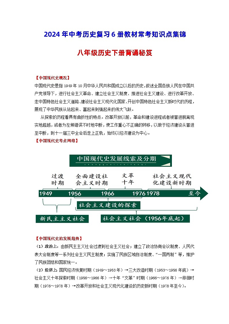 八年级历史下册-【背诵秘笈】2024年中考历史复习6册教材常考知识点集锦（部编版）第1页