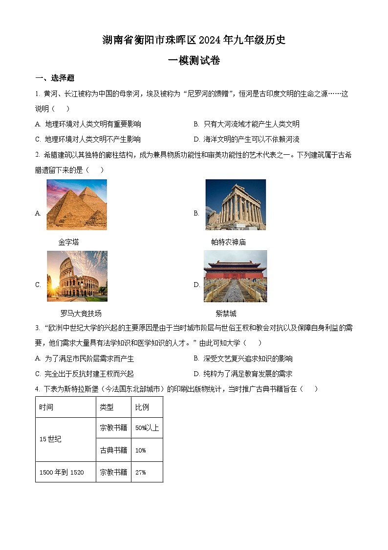 2024年湖南省衡阳市珠晖区中考一模历史试题（原卷版+解析版）01