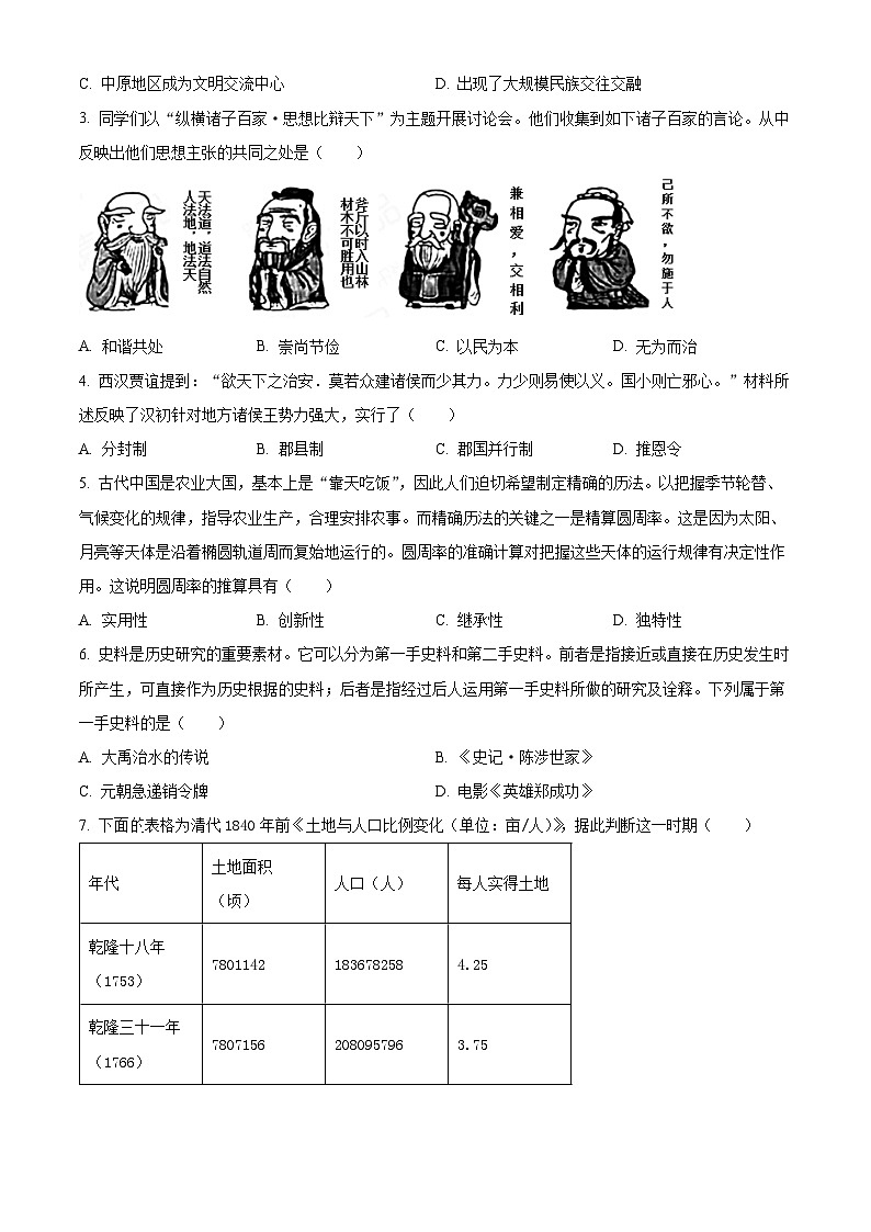 2024年山西省中考一模历史试题（原卷版）第2页