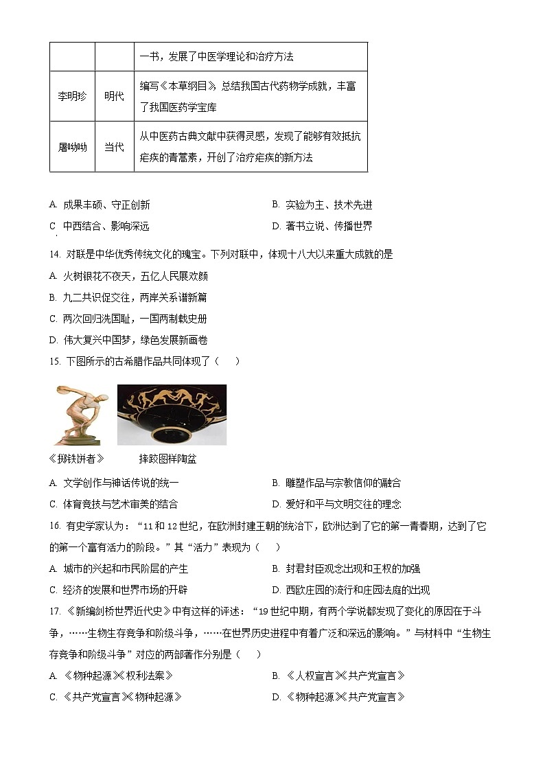 2024年江西省南昌市中考一模历史试题（原卷版+解析版）03