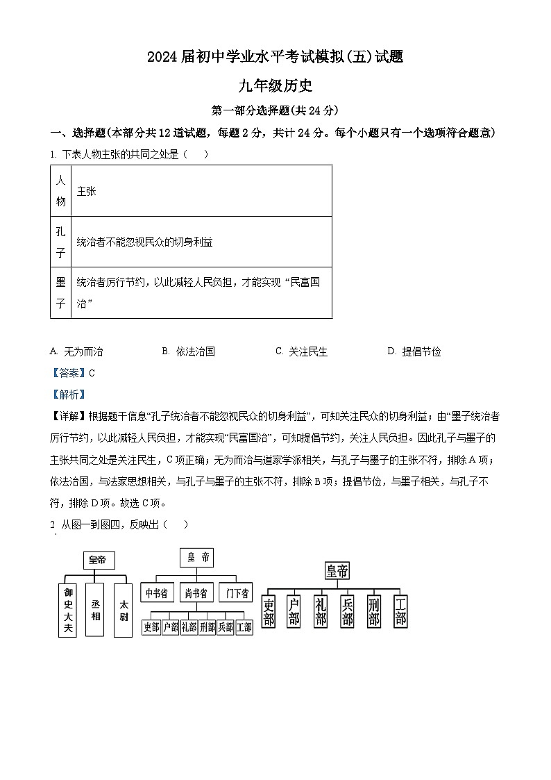 2024年陕西省西安高新第一中学中考五模历史试题（原卷版+解析版）01