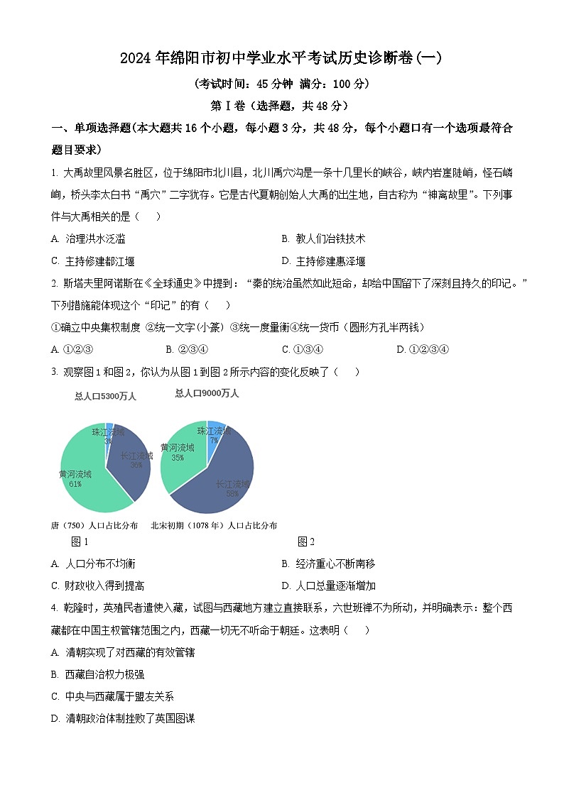 2024年四川绵阳市初中学业水平考试诊断(一)历史试题（原卷版+解析版）01