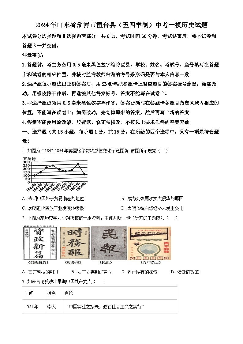 2024年山东省淄博市桓台县（五四学制）中考一模历史试题（原卷版+解析版）01