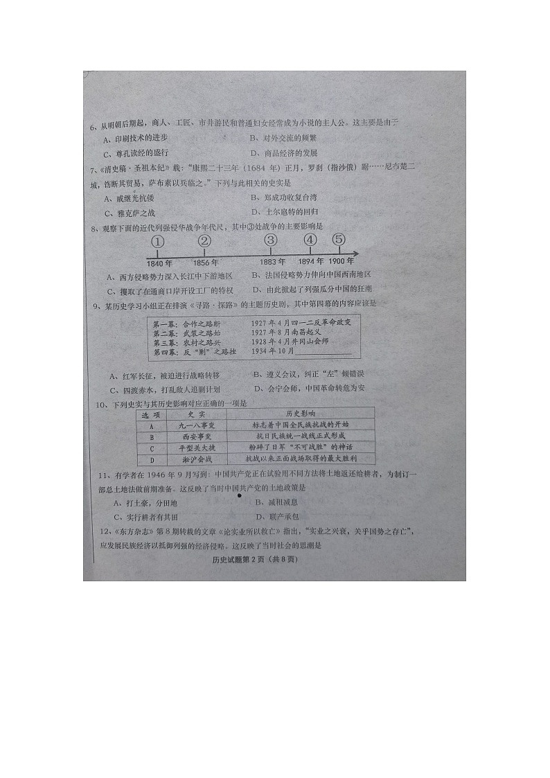 2024年山东省庆云县中考一模历史试题（图片版无答案）第2页