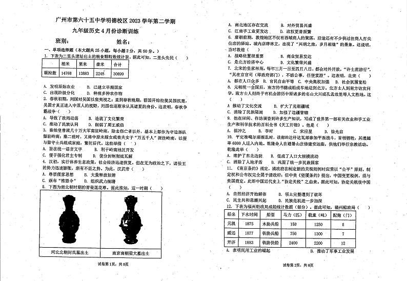 广东省广州市第六十五中学2023-2024学年下学期九年级4月考试历史试题第1页