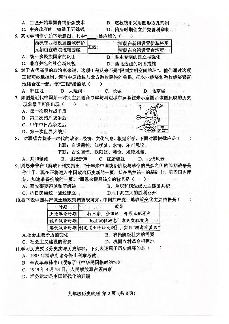 山东省日照市五莲县2023-2024学年下学期期中考试九年级历史试题第2页