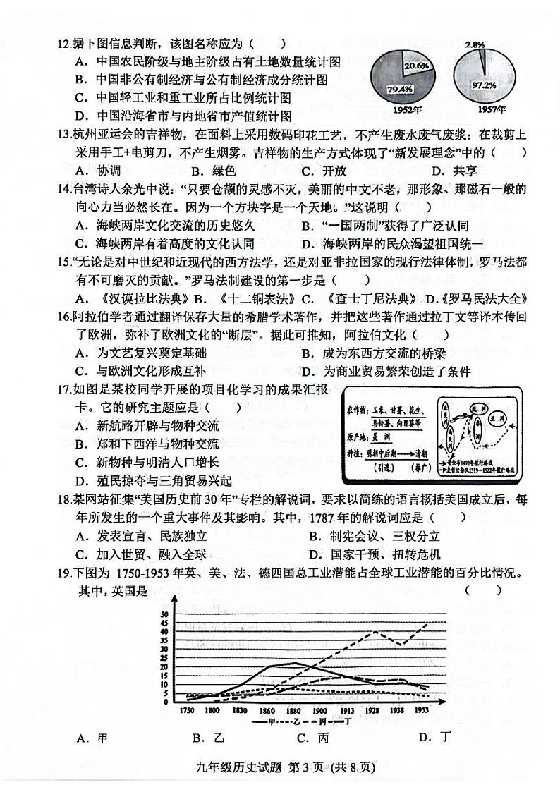 山东省日照市五莲县2023-2024学年下学期期中考试九年级历史试题第3页