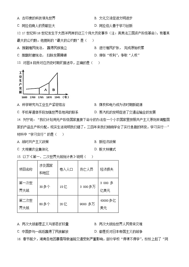 2024年湖南省初中学业水平考试模拟考试历史试题（原卷版+解析版）03