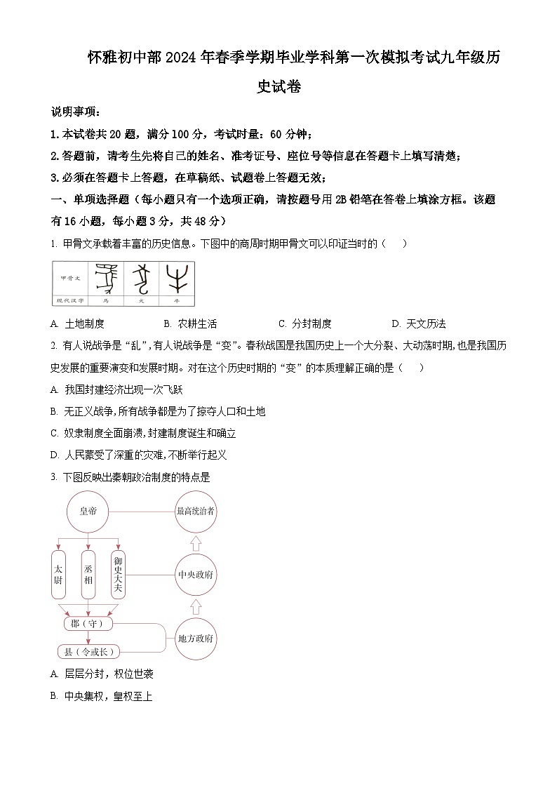 2024年湖南省怀化市雅礼实验学校中考一模历史试题（原卷版+解析版）01