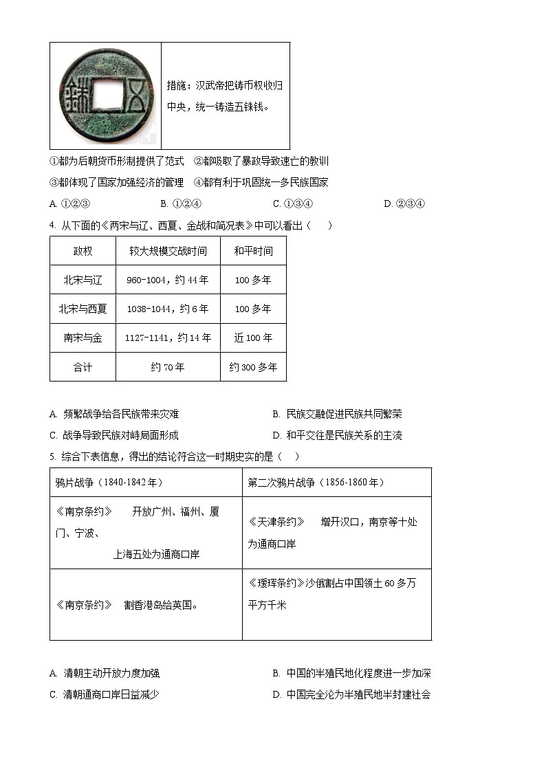 2024年山东省济宁市微山县中考一模历史试题（原卷版）第2页