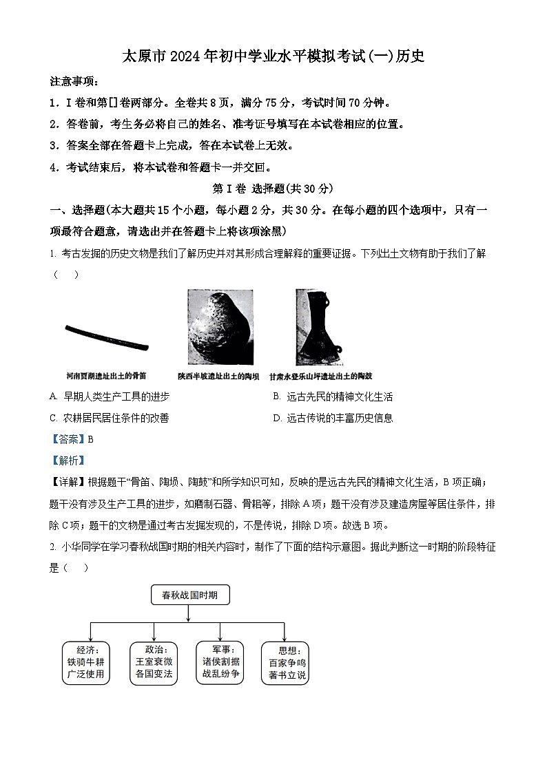 2024年山西省太原市中考一模历史试题（原卷版+解析版）01