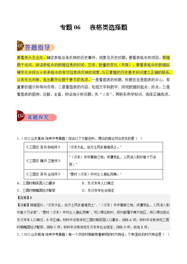 【讲通练透】最新中考历史二轮 专题06 表格型材料选择题 （全国通用）01