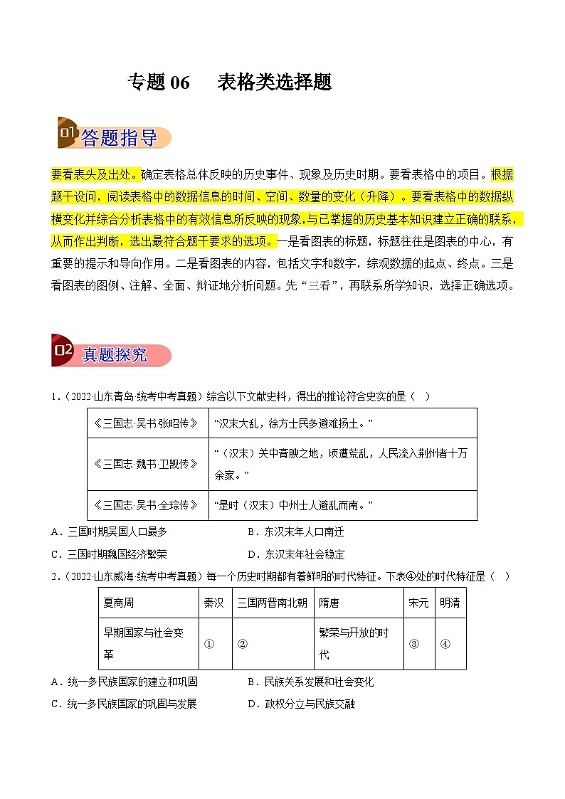 【讲通练透】最新中考历史二轮 专题06 表格型材料选择题 （全国通用）01