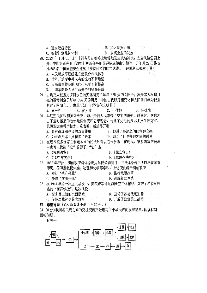 2024年春广西中考模拟联考历史试题（扫描版含答案）02