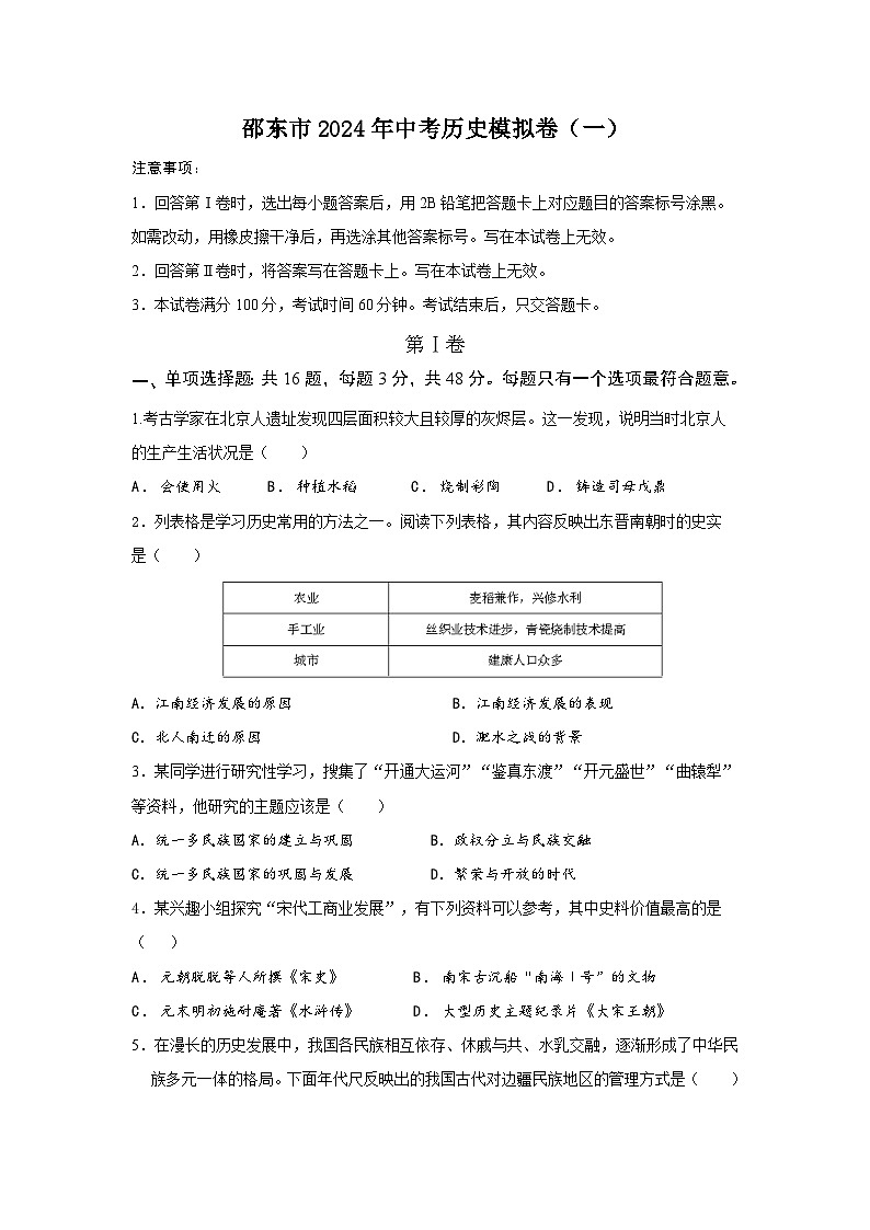 2024年湖南省邵阳市邵东市一模历史试题01