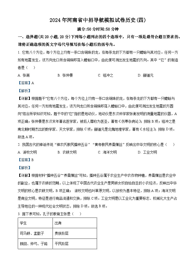 2024年河南省洛阳市部分学校中考模拟(四)历史试题（解析版）第1页