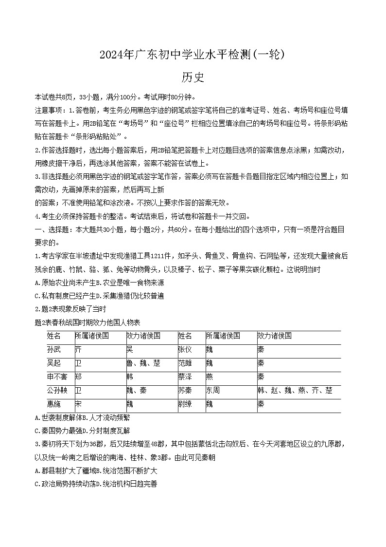 2024年广东省潮州市历史九年级中考一模试题01