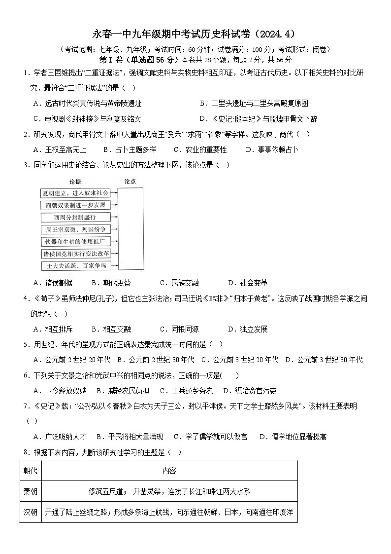 福建省泉州市永春第一中学2023-2024学年九年级下学期期中考试历史试题第1页