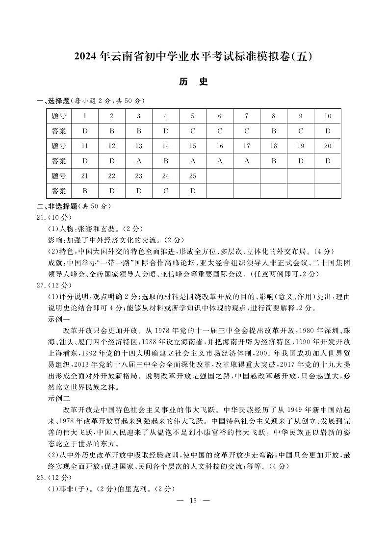 2024年云南省初中学业水平考试标准模拟卷（五）历史试卷（PDF版含答案和答题卡）01