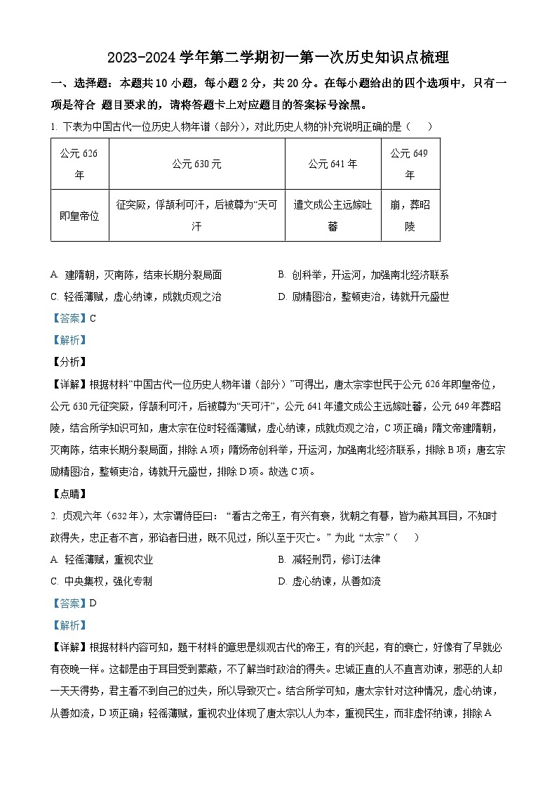 内蒙古自治区鄂尔多斯市多校联考2023-2024学年七年级下学期第一次月考历史试题（原卷版+解析版）01