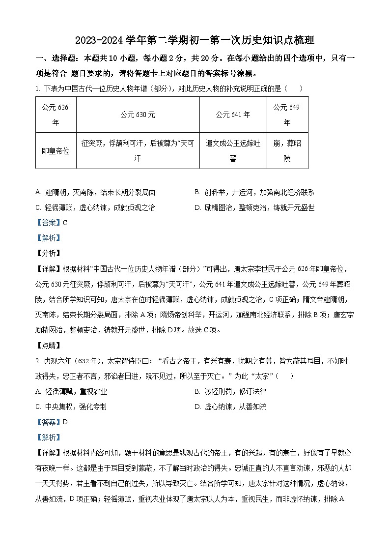 内蒙古自治区鄂尔多斯市多校联考2023-2024学年七年级下学期第一次月考历史试题（原卷版+解析版）01